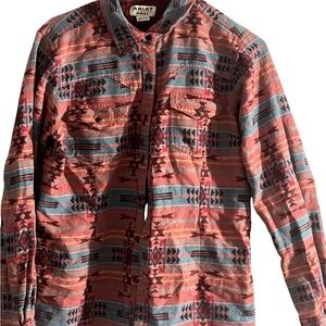 Ariat Men's Red and Blue Patterned Button Down Shirt
